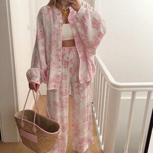 Pink Casual Women's Toile Print Long Sleeve Top & Drawstring Pants Pajama Set